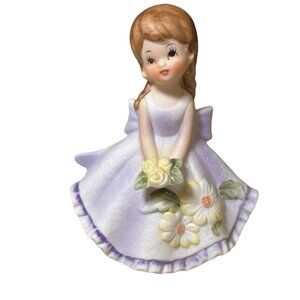 Ceramic Figurine Girl in Dress Holding Flowers Angelic Vintage Japan